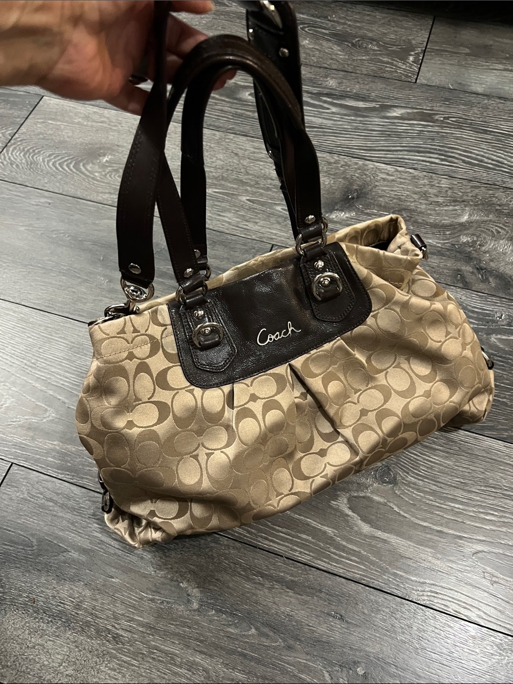 Coach Tan Signature Canvas Shoulder Bag with Dark Brown Trim
